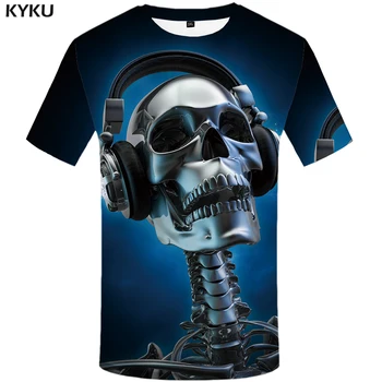 KYKU Kaukolė T-shirt Vyrai Mėlyna Muzikos Marškinėlius Hip-Hop Tee Metalo 3d Print T Shirt Punk Rock Atsitiktinis Mens Drabužių Vasaros Juokinga T Shirts