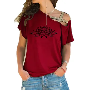Gražus Lotus Moterų Medvilnės Marškinėliai Mados Spausdinti Vasaros Marškinėliai Trumpomis Rankovėmis Nereguliarus Nerijos Kryžiaus Tvarstis Atsitiktinis Tees