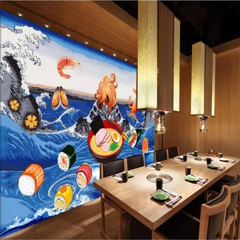 Japonų Ukiyo-e Jūrų Maisto Gurmanų Sienos Popieriaus 3D Suši, jūros Gėrybių Restoranas, Ramen Parduotuvė Pramonės Dekoro Fone Sienų Tapetai