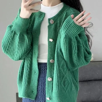 Žalia Twist Džemperis Cardigan Paltai Moterims Rudens ir Žiemos Laisvi ir Tingus Stiliaus Dizainas Megzti Viršų Moteriška