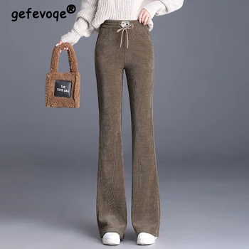 Moterų Korėjos Mados Appliques Streetwear Didelis Juosmens Flare Kelnės 2023 Rudens Žiemos Kietas Plonas Vilnos Kelnės Atsitiktinis Pantalones