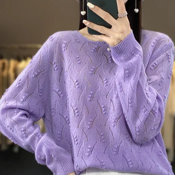 100% grynas vilna rudens ir žiemos kašmyro megztinis moterų O-kaklo megztinis mados korėjos versija megzti ažūrinės figūrinių viršuje luxu
