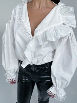 Mumaroho 2023 Rudens Žiemos Moterys Elegantiškas Kietos Baltos spalvos Marškinėliai V-kaklo Asimetrija ilgomis Rankovėmis Moteriška Palaidinė